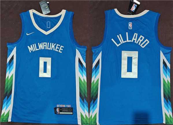 Mens Milwaukee Bucks #0 Damian Lillard Blue 2022-23 City Edition Stitched Basketball Jersey->milwaukee bucks->NBA Jersey